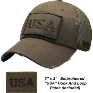 Antourage American Flag Unconstructed Hat for Men and Women Twill Mesh Snapback Baseball USA Flag Cap + 2 Patriotic Patches ((02) Olive Distressed Mesh Snapback)