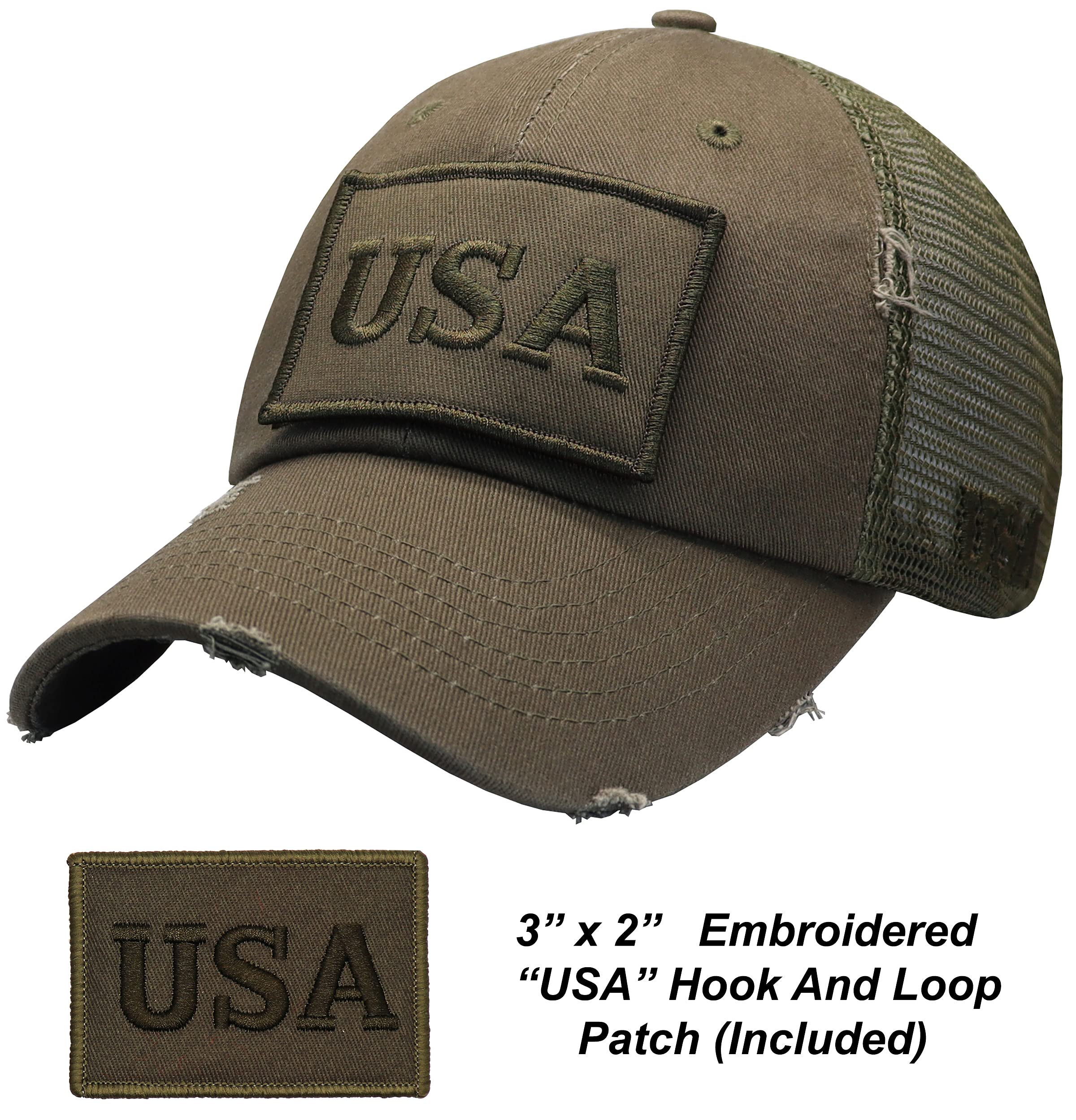 Antourage American Flag Unconstructed Hat for Men and Women Twill Mesh Snapback Baseball USA Flag Cap + 2 Patriotic Patches ((02) Olive Distressed Mesh Snapback)