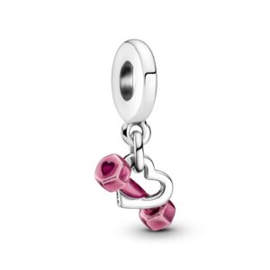 pandora dumbbell & heart dangle charm - compatible moments bracelets - jewelry for women - gift for women - made with sterling silver & enamel