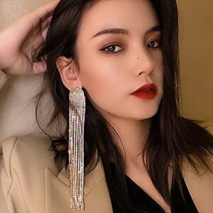 wiwpar fashion women long rhinestones tassel earrings bohemian long chain drop dangle earrings for women girls (silver)