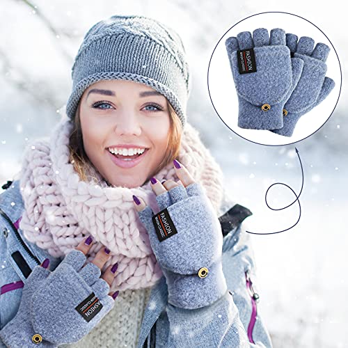 SATINIOR 4 Pairs Fingerless Gloves with Cover Convertible Mittens Knitted Gloves for Women Men (Black, Light Grey, Light Blue, Navy Blue), One Size