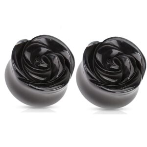 pierced owl black rose carved into black agate semi precious single side double flared plugs, sold as a pair (12mm (1/2"))