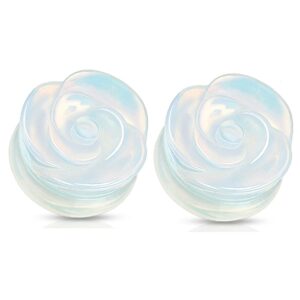 pierced owl opalite rose carved into synthetic opal semi precious single side double flared plugs, sold as a pair (6mm (2ga))