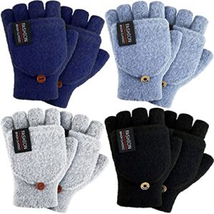 satinior 4 pairs fingerless gloves with cover convertible mittens knitted gloves for women men (black, light grey, light blue, navy blue), one size