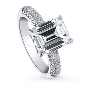 BERRICLE Sterling Silver Solitaire Wedding Engagement Rings 3.8 Carat Emerald Cut Cubic Zirconia CZ Cocktail Ring for Women, Rhodium Plated Size 6