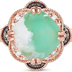 LE VIAN 3 1/4 Carat Cushion Shaped Green Aquaprase Cabochon White Topaz and Smoky Quartz Milgrain Flower Statement Ring for Women in 14k Rose Gold Plated 925 Sterling Silver Promise Ring Size 10