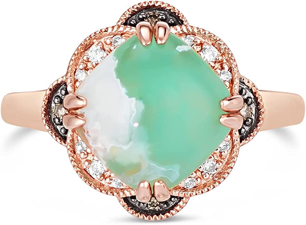 LE VIAN 3 1/4 Carat Cushion Shaped Green Aquaprase Cabochon White Topaz and Smoky Quartz Milgrain Flower Statement Ring for Women in 14k Rose Gold Plated 925 Sterling Silver Promise Ring Size 10