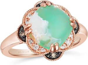 le vian 3 1/4 carat cushion shaped green aquaprase cabochon white topaz and smoky quartz milgrain flower statement ring for women in 14k rose gold plated 925 sterling silver promise ring size 10