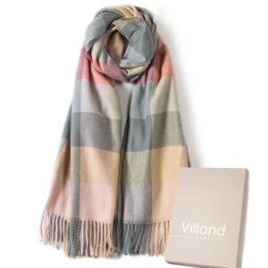 Villand Women's Wool Scarf - Cashmere Feel Winter Warm Checked Scarves for Women, Large Soft Thick Shawls and Wraps with Gift Box (Lilac Check)