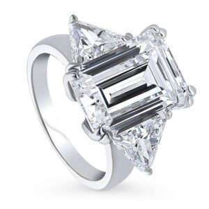 BERRICLE Sterling Silver 3-Stone Wedding Engagement Rings Emerald Cut Cubic Zirconia CZ Statement Cocktail Anniversary Ring for Women, Rhodium Plated Size 6