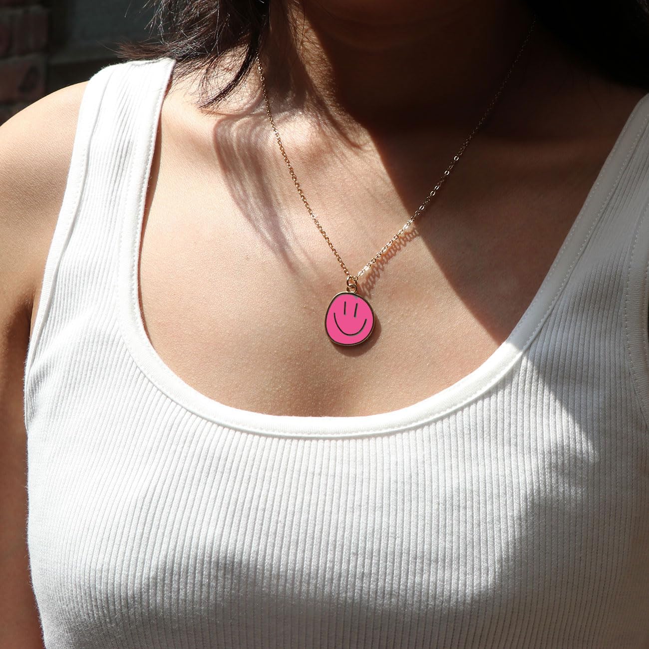 AULSIEY Smile Face Necklaces Cute Necklaces For Teen, Pink Necklace Hot Pink Jewelry Preppy Necklaces, Hot Pink Necklaces 14k Gold Plated Necklace Happy Face Necklace- Hot Pink