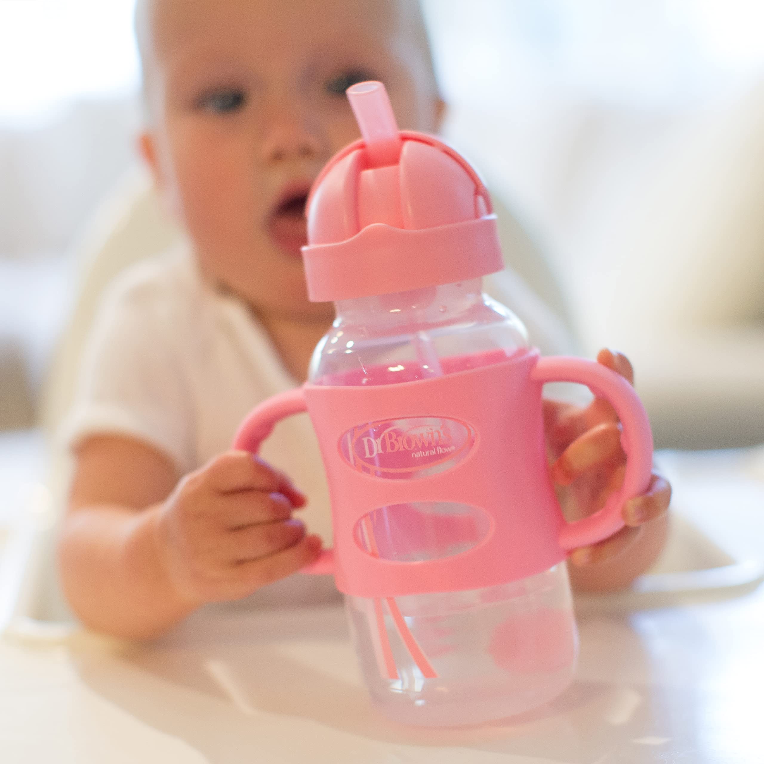 Dr. Brown's Milestones Wide-Neck Sippy Straw Bottle with 100% Silicone Handles and Weighted Straw, 9 oz/270 mL, Pink, 6m+