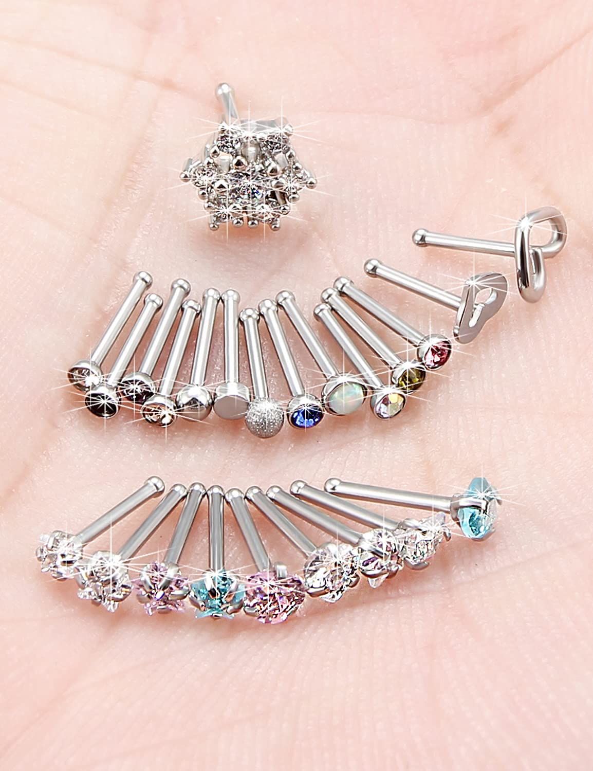 Prjndjw 44pcs 18G 20G Nose Rings Studs Nose Rings for Women Nose Piercings Jewelry Surgical Stainless Steel Straight Nose Studs Moon Star Heart Butterfly Hypoallergenic for Men