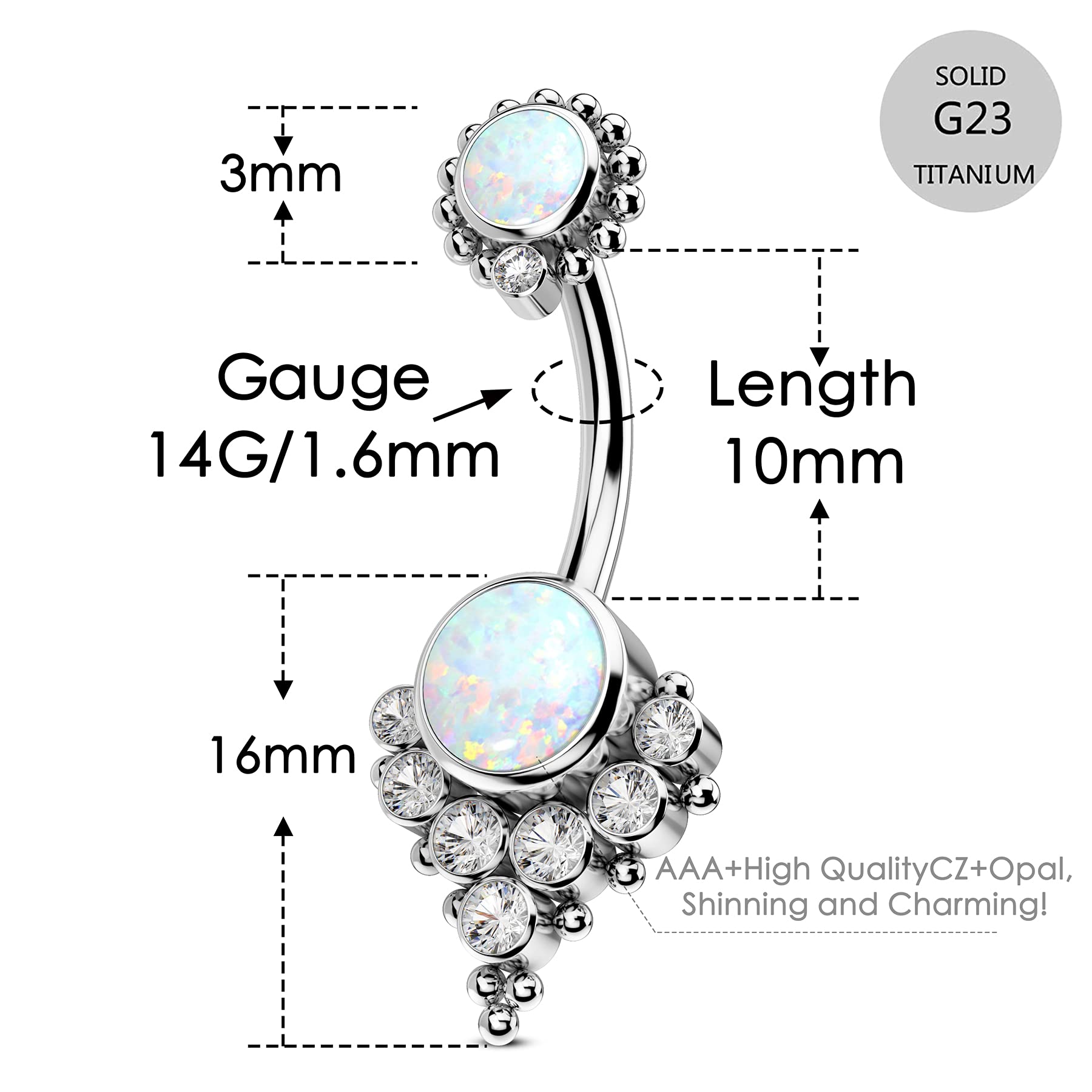 COCHARM G23 Titanium Belly Button Rings for Women Hypoallergenic Titanium Navel Rings 14g Internally Threaded White Opal Belly Ring