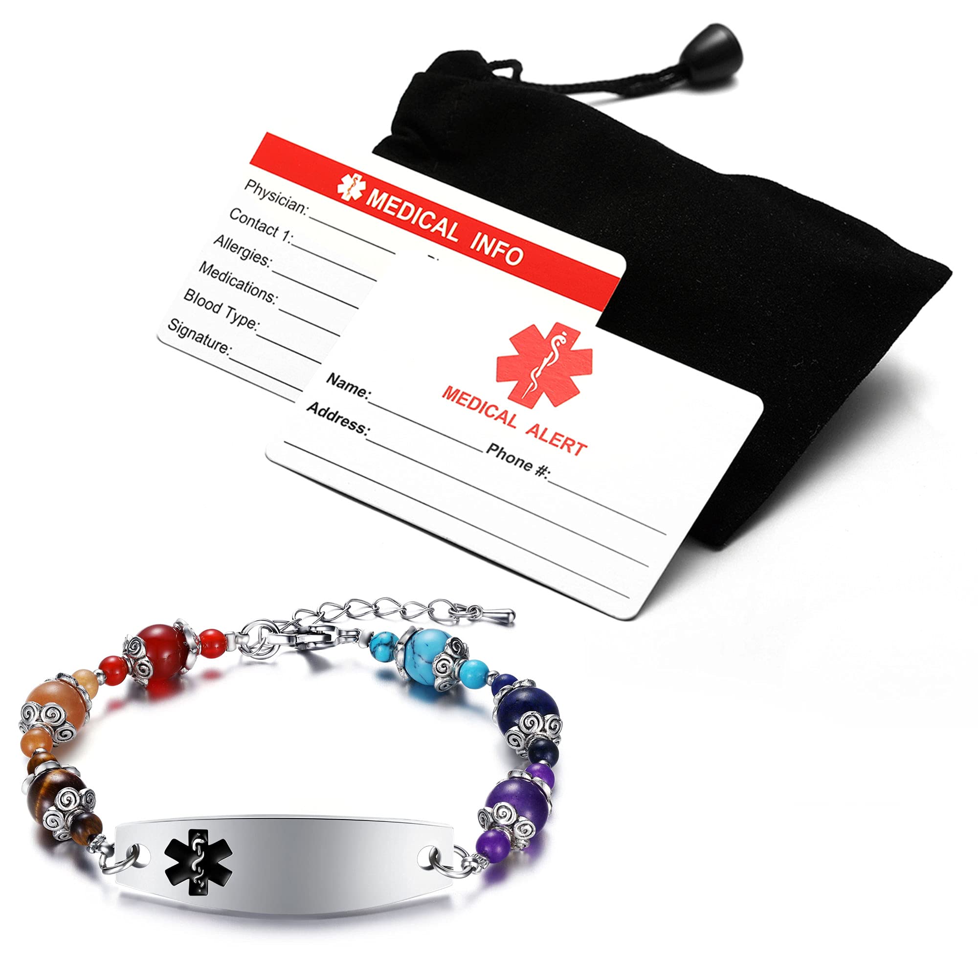 Medical Alert Bracelets for Women & Men | Medical ID Bracelets for Men & Women | Customize Colorful Beads Medical Bracelet | Stainless Steel Plate | Adjustable 7.5-9.0"