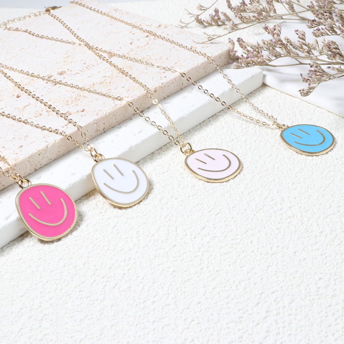 AULSIEY Smile Face Necklaces Cute Necklaces For Teen, Pink Necklace Hot Pink Jewelry Preppy Necklaces, Hot Pink Necklaces 14k Gold Plated Necklace Happy Face Necklace- Hot Pink