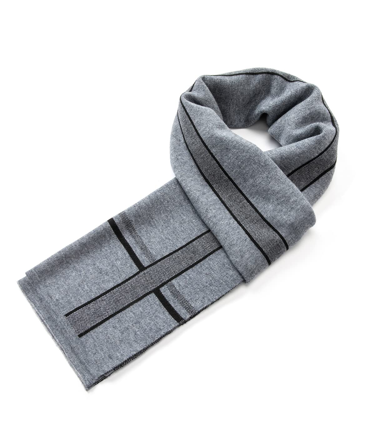 Villand Luxurious Mens Striped Merino Wool Scarf - Gift Box Wrapped Winter Soft Warm Thick Knitted Neckwear for Men (Cadet Gray)