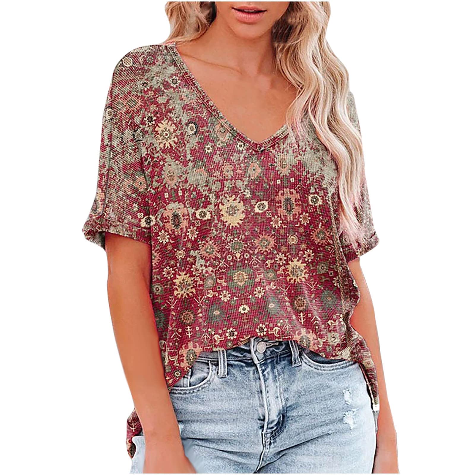 Modedress Summer Tops for Women Basic Short Sleeve T Shirt Casual Loose Print Tunic Top Crewneck Comfy Ladies Blouse, Red