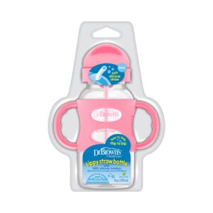 Dr. Brown's Milestones Wide-Neck Sippy Straw Bottle with 100% Silicone Handles and Weighted Straw, 9 oz/270 mL, Pink, 6m+