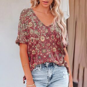 Modedress Summer Tops for Women Basic Short Sleeve T Shirt Casual Loose Print Tunic Top Crewneck Comfy Ladies Blouse, Red