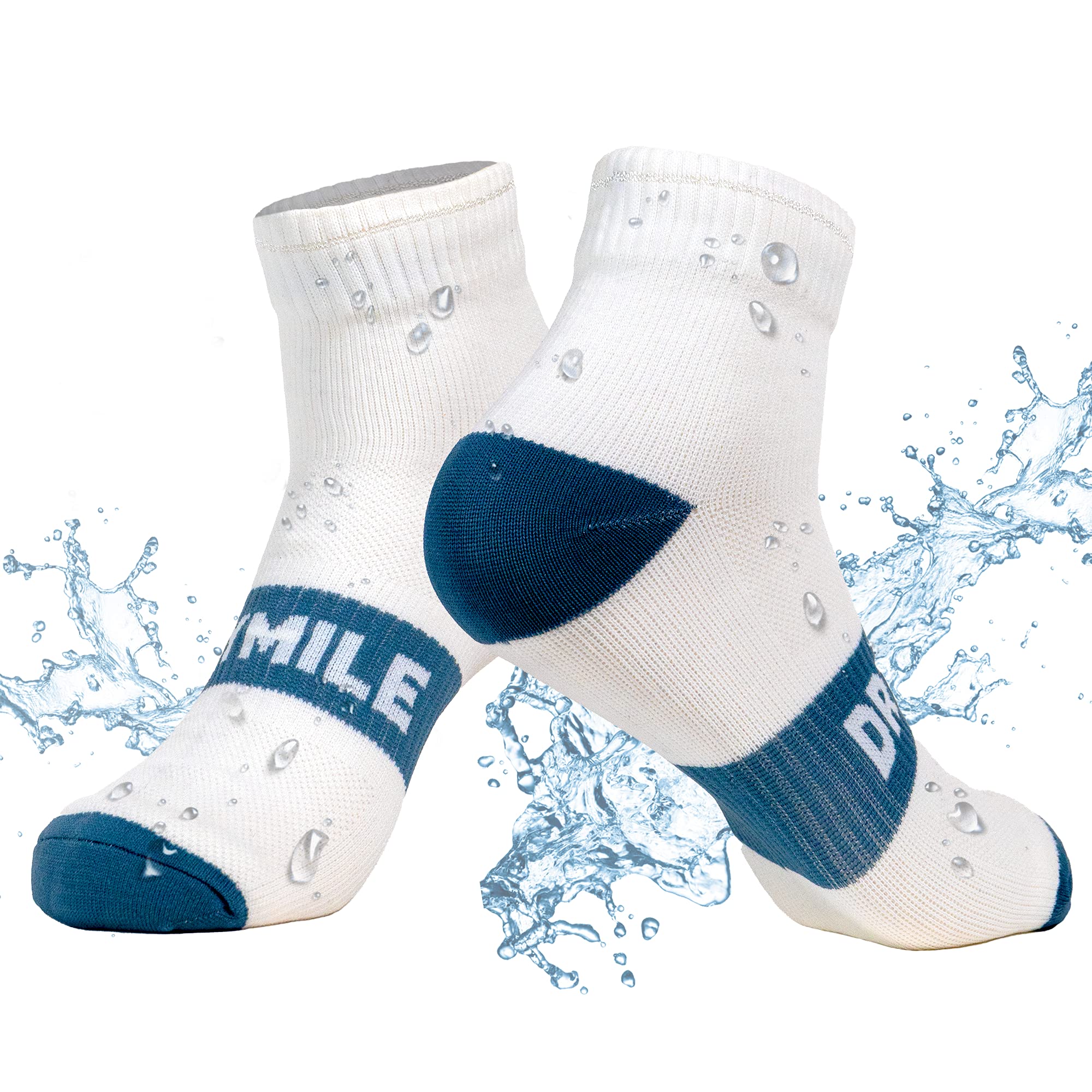 DRYMILE Active Waterproof Socks, Breathable Cushioned Running, Hiking, Winter Waterproof Socks for Men & Women - Ankle (Large, White/Blue)