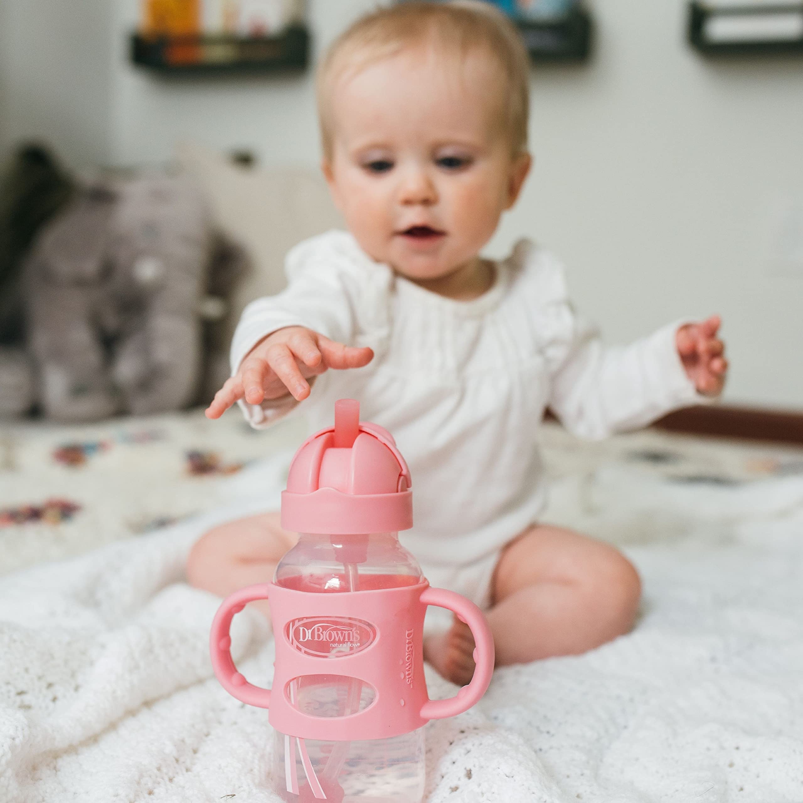 Dr. Brown's Milestones Wide-Neck Sippy Straw Bottle with 100% Silicone Handles and Weighted Straw, 9 oz/270 mL, Pink, 6m+