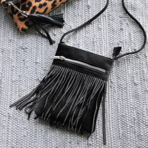 HOXIS Tassel Crossbody Bag Bling Glitter Purse Sparkle Women Evening Bag (Black)