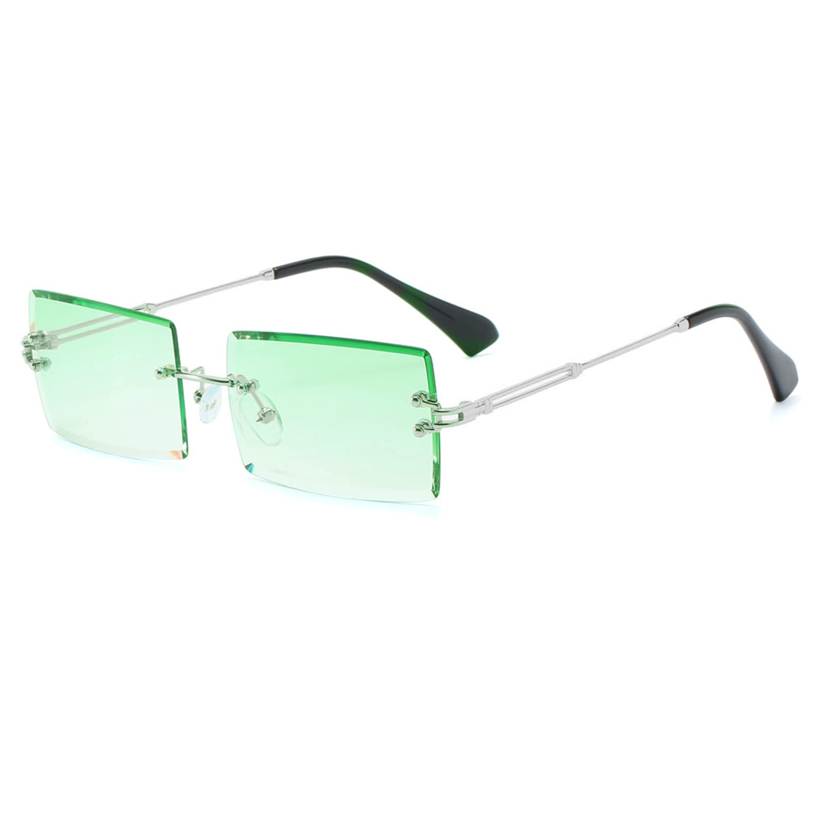 LASPOR Silver Rimless Sunglasses Rectangle for Men and Women 90s 2000s Retro Vintage Square Frameless Tinted Glasses Shades (Silver-Green)