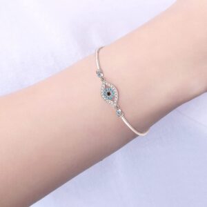 Jewlikee Evil Eye Bracelet Sterling Silver Blue Evil Eye Bangles Bracelets for Women Good Luck Protection Third Eye Amulet