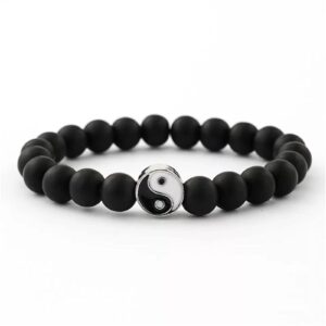 3Pcs Handmade Yin Yang Natural Stone Bead Bracelet Set for Women Men Best Friend Adjustable Braided Cord Strand Tai Chi Gossip Couple Matching Bracelet Friendship Jewelry Gift-B 3pcs