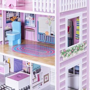 HONEY JOY Dollhouse with 8 Pcs Furniture, 3-Level Wooden Doll House, Pretend Play Kids Doll’s House, Princess Mini Toy House Furniture Playset, Gift for Little Girls (Pink, 2.5FT)