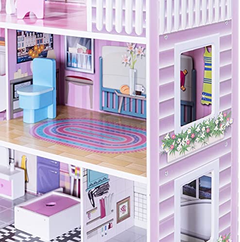 HONEY JOY Dollhouse with 8 Pcs Furniture, 3-Level Wooden Doll House, Pretend Play Kids Doll’s House, Princess Mini Toy House Furniture Playset, Gift for Little Girls (Pink, 2.5FT)