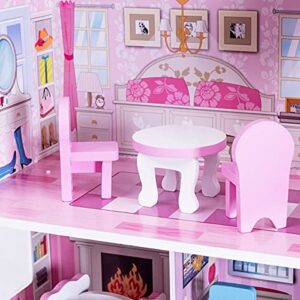 HONEY JOY Dollhouse with 8 Pcs Furniture, 3-Level Wooden Doll House, Pretend Play Kids Doll’s House, Princess Mini Toy House Furniture Playset, Gift for Little Girls (Pink, 2.5FT)