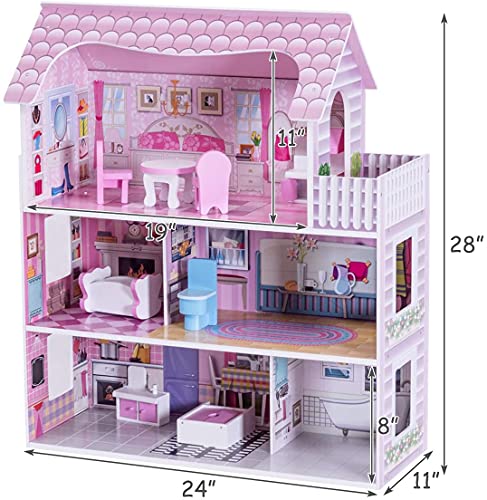 HONEY JOY Dollhouse with 8 Pcs Furniture, 3-Level Wooden Doll House, Pretend Play Kids Doll’s House, Princess Mini Toy House Furniture Playset, Gift for Little Girls (Pink, 2.5FT)