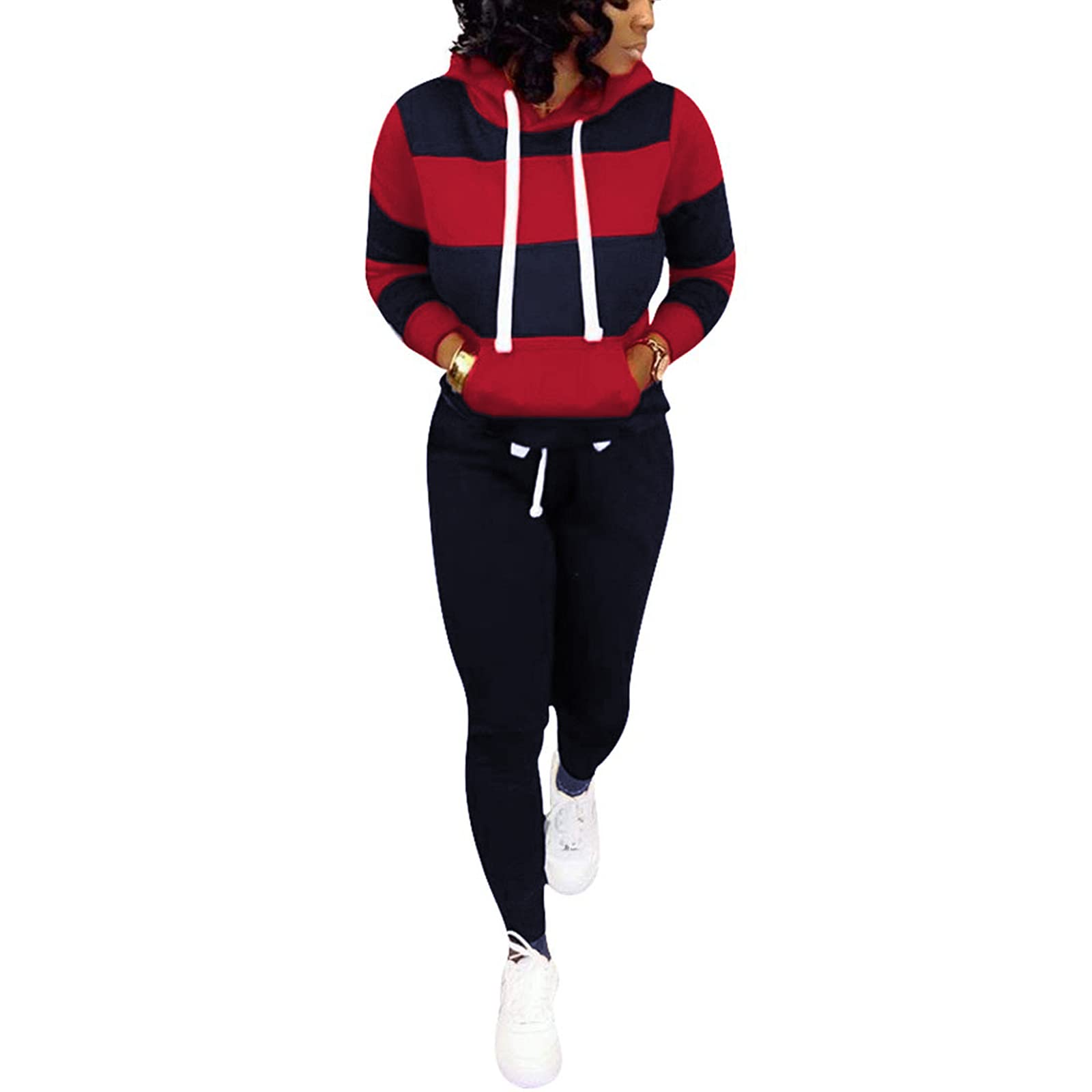 AOMONI 2 Piece Jogging Suits For Women Casual Hooded Long Sleeve Drawstring 2 Piece Outfits Tracksuits Red 3XL