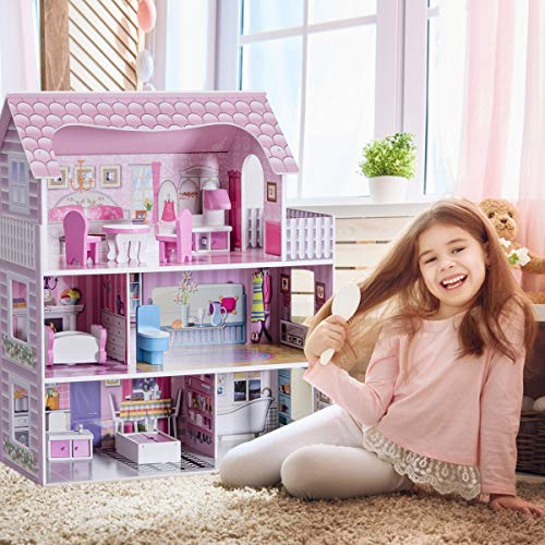 HONEY JOY Dollhouse with 8 Pcs Furniture, 3-Level Wooden Doll House, Pretend Play Kids Doll’s House, Princess Mini Toy House Furniture Playset, Gift for Little Girls (Pink, 2.5FT)