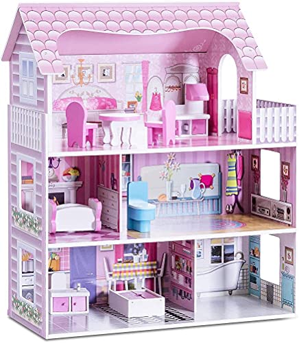 HONEY JOY Dollhouse with 8 Pcs Furniture, 3-Level Wooden Doll House, Pretend Play Kids Doll’s House, Princess Mini Toy House Furniture Playset, Gift for Little Girls (Pink, 2.5FT)