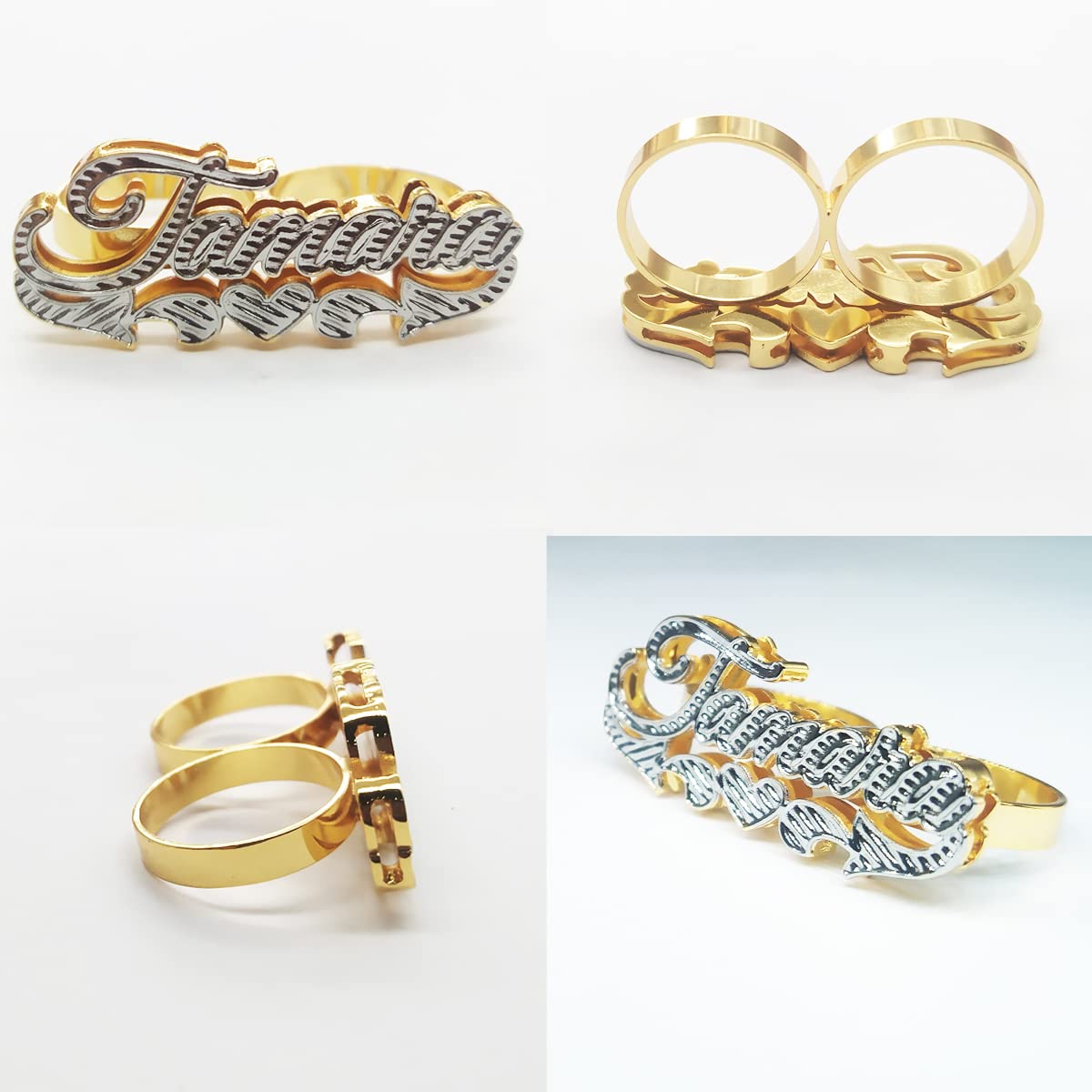 HAOQINA Double Plated 2 Finger Name Rings Custom 2 Tone Nameplate Unisex 3D Name Rings Birthday Wedding Engagement Gifts