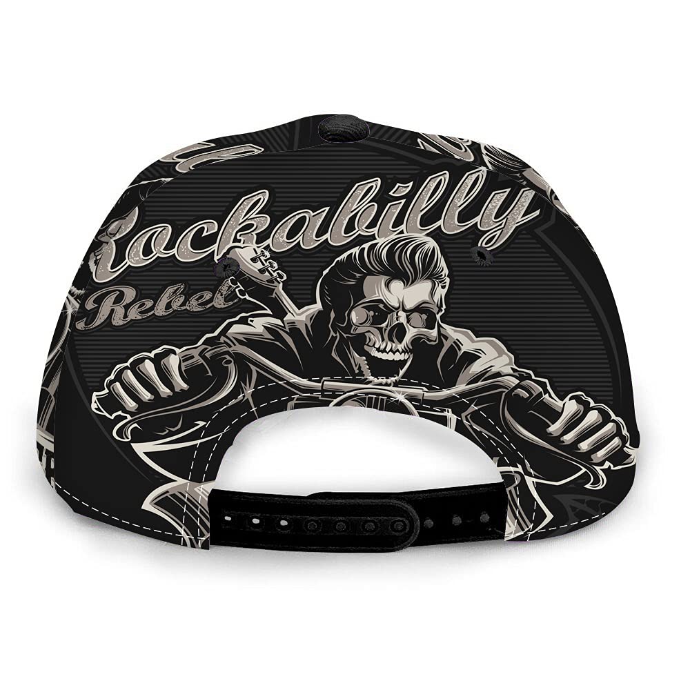 Swono Skull Baseball Cap,Cool Rockabilly Skull Motorcycle Biker with Greaser Banner Adjustable Snapback Trucker Hat Hiphop Hat for Men Women