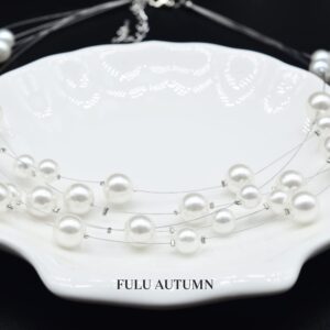 FULU AUTUMN Layered Pearl Necklace Multi-strand Pearl Choker Necklaces for Women Beaded jewelry for Wedding Parties(White)