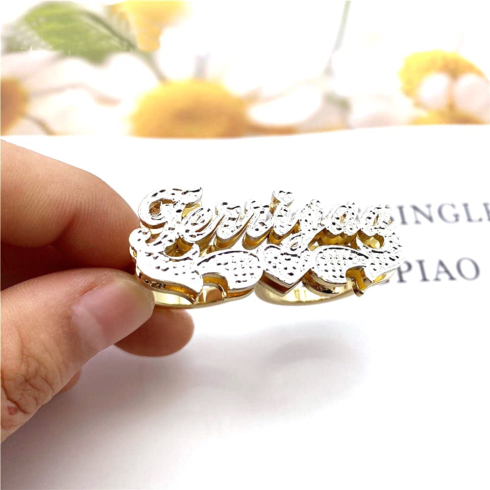 HAOQINA Double Plated 2 Finger Name Rings Custom 2 Tone Nameplate Unisex 3D Name Rings Birthday Wedding Engagement Gifts