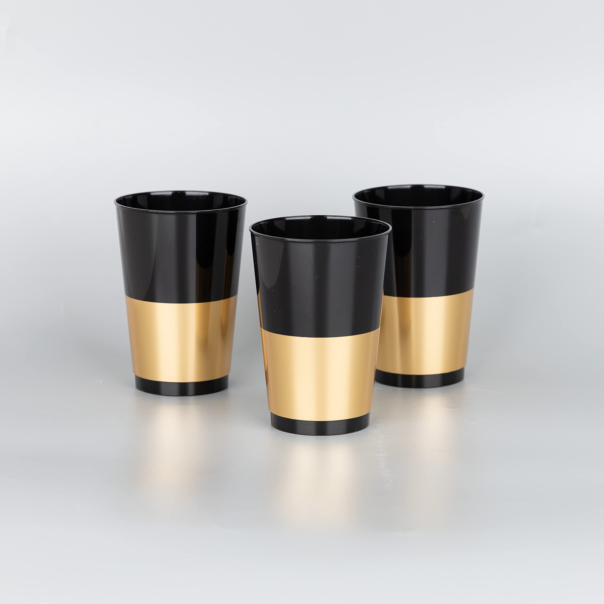 PLASTICPRO Disposable 12 oz Black Plastic Tumblers With Gold Band for Party's & Weddings pack of 40