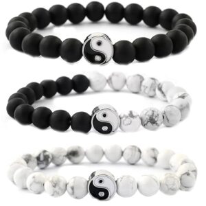 3Pcs Handmade Yin Yang Natural Stone Bead Bracelet Set for Women Men Best Friend Adjustable Braided Cord Strand Tai Chi Gossip Couple Matching Bracelet Friendship Jewelry Gift-B 3pcs