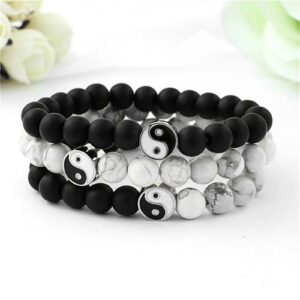 3Pcs Handmade Yin Yang Natural Stone Bead Bracelet Set for Women Men Best Friend Adjustable Braided Cord Strand Tai Chi Gossip Couple Matching Bracelet Friendship Jewelry Gift-B 3pcs