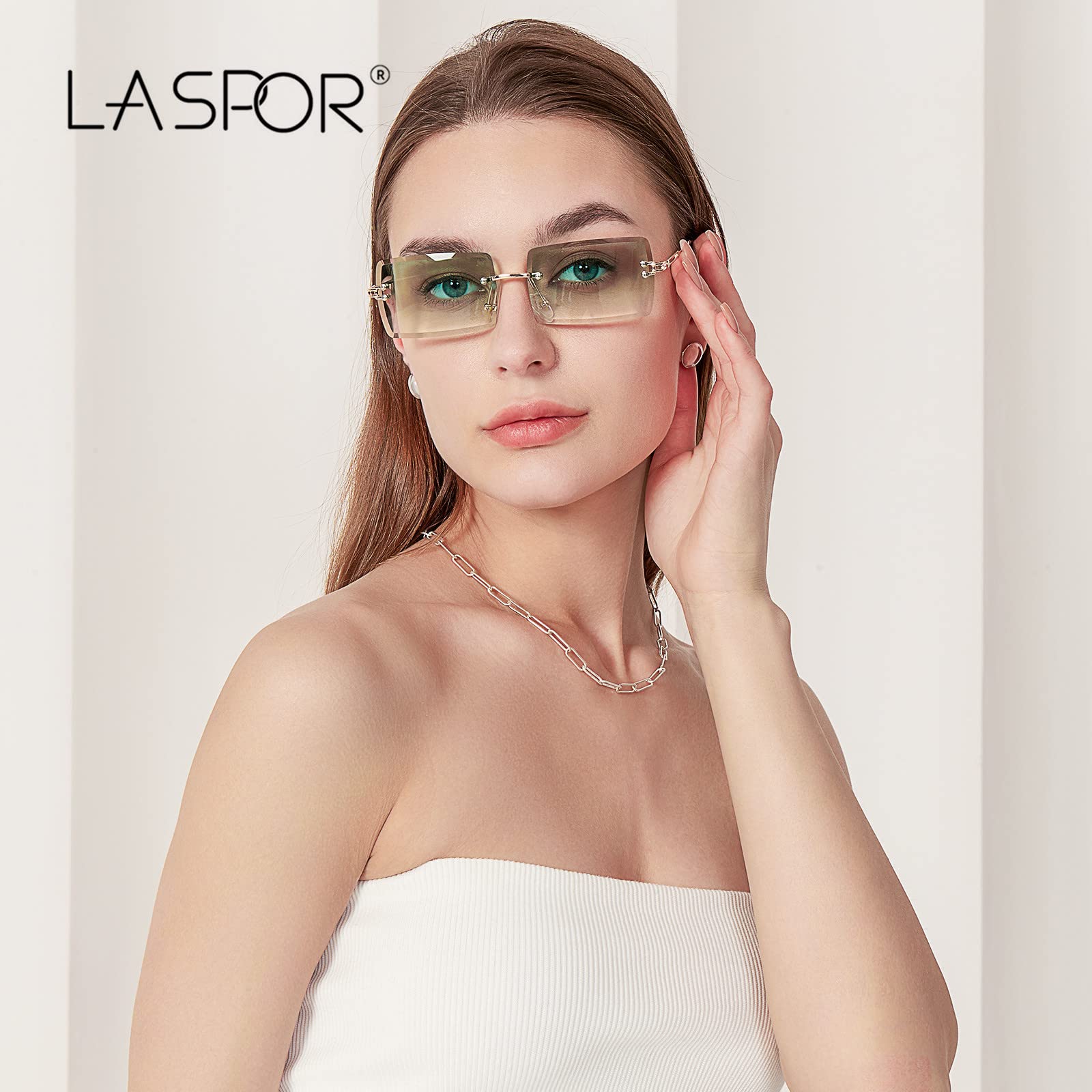 LASPOR Silver Rimless Sunglasses Rectangle for Men and Women 90s 2000s Retro Vintage Square Frameless Tinted Glasses Shades (Silver-Green)