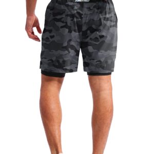 Pudolla Men’s 2 in 1 Running Shorts 7" Quick Dry Gym Athletic Workout Shorts for Men with Phone Pockets(Black Camo Large)