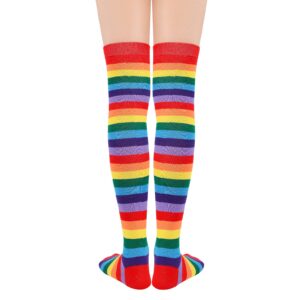 Women's Thigh High Stockings Striped Cosplay Over the Knee Tube Socks Long Boot Leg Warmers for Daily Wear 1 Pack Red Rainbow