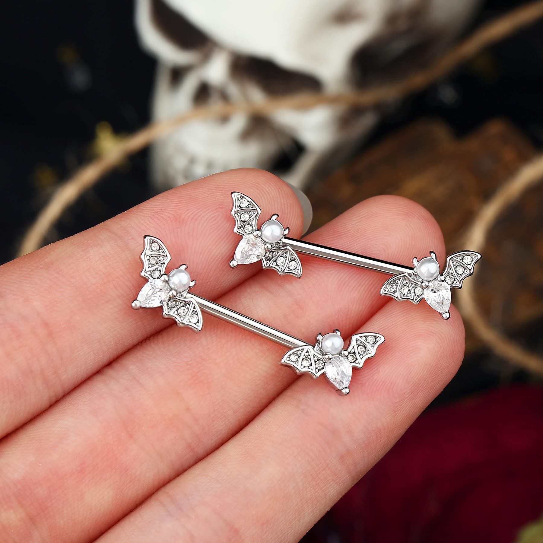 Jewseen Nipple Barbell 14g Nipple Piercing Bat Nipple Jewelry Sparkling CZ Nipple Ring Bar Halloween Body Piercing Jewelry