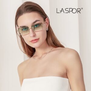 LASPOR Silver Rimless Sunglasses Rectangle for Men and Women 90s 2000s Retro Vintage Square Frameless Tinted Glasses Shades (Silver-Green)