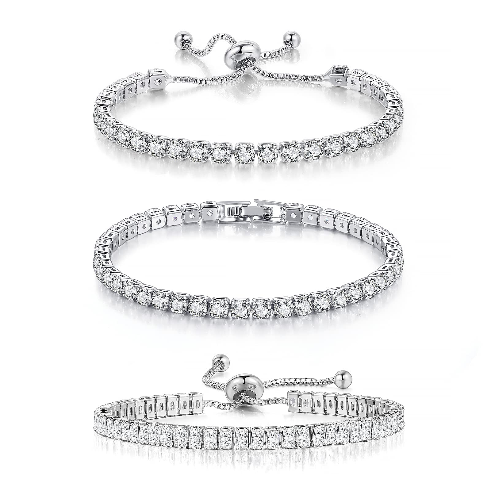 YOYUNLUO 3 Pcs Tennis Bracelets for Women 4mm 5A+ Cubic Zirconia CZ Diamond Silver Adjustable Bracelet Fashion Jewelry Wedding Gift Size 6.5-7.5 Inch